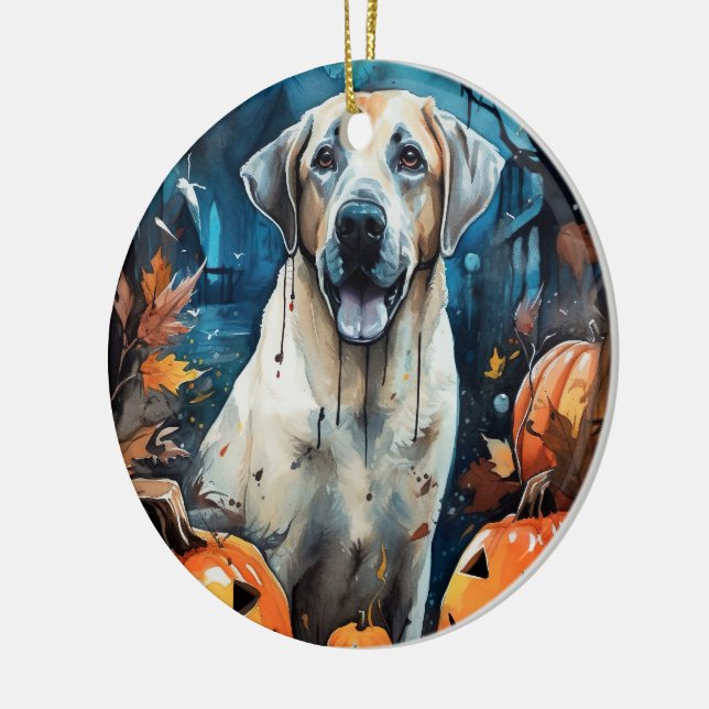 Halloween Anatolian Shepherd With Pumpkins Scary Ceramic Ornament (Left)