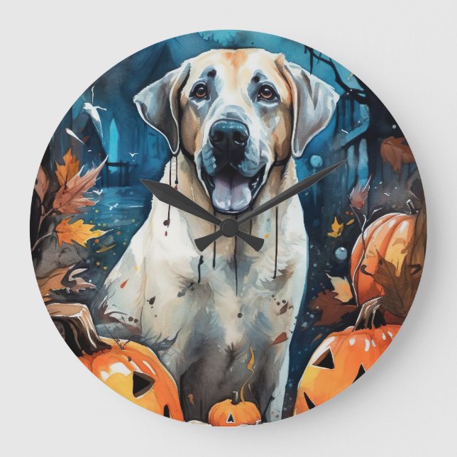 Halloween Anatolian Shepherd With Pumpkins Scary Large Clock (Front)
