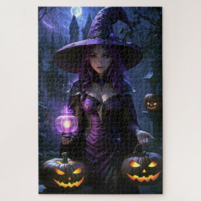 Halloween Animated Witch and Jack-O-Lanterns  Jigsaw Puzzle (Vertical)