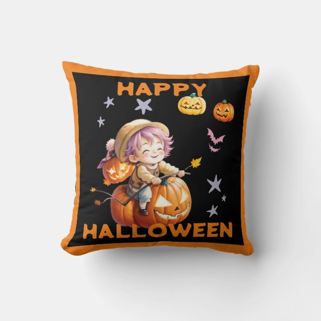 Halloween Anime Boy on a Pumpkin Throw Pillow (Front)