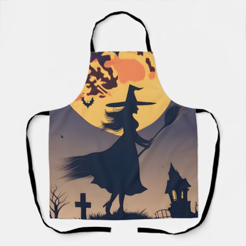 Halloween Aprons Witch With Broom Blood Moon  Apron