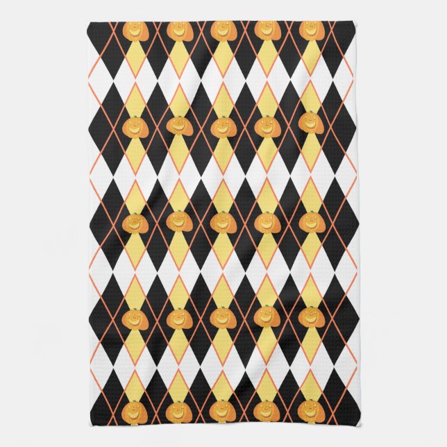Halloween Argyle Jack-o-lantern Pumpkin Kitchen Towel (Vertical)