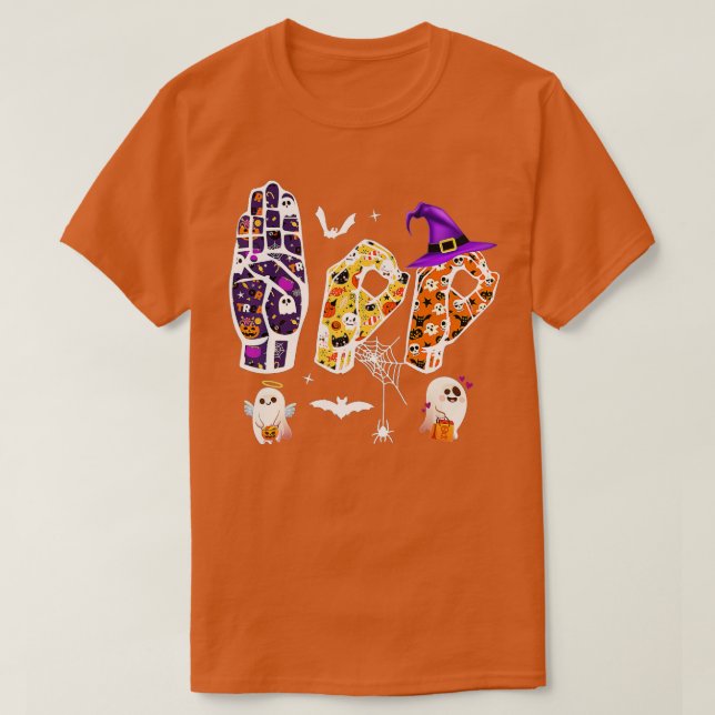 Halloween ASL, Hand Sign Language Boo Ghost Deaf P T-Shirt (Design Front)