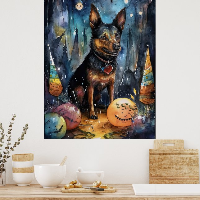 Halloween Australian Kelpie With Pumpkins Scary Poster (Kitchen)
