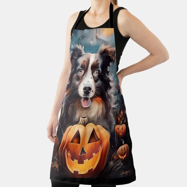 Halloween Australian Shepherd With Pumpkins Scary Apron (Insitu)