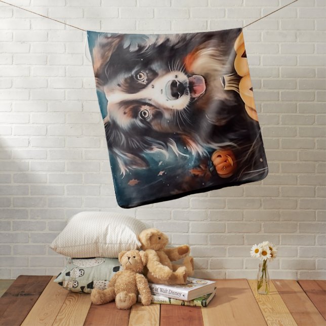 Halloween Australian Shepherd With Pumpkins Scary Baby Blanket (In Situ)