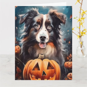 Halloween Australian Shepherd With Pumpkins Scary Card