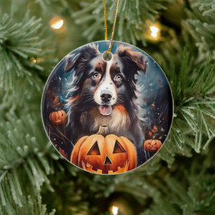 Halloween Australian Shepherd With Pumpkins Scary Ceramic Ornament