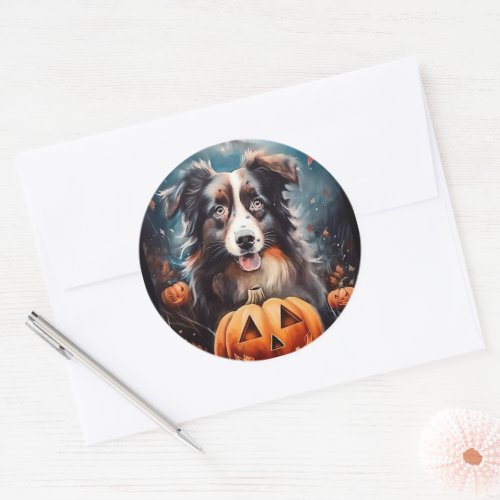 Halloween Australian Shepherd With Pumpkins Scary Classic Round Sticker