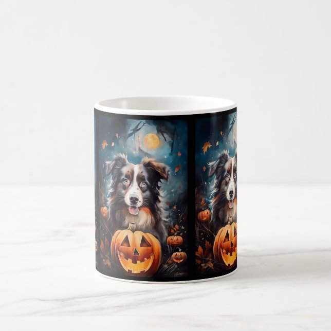 Halloween Australian Shepherd With Pumpkins Scary Coffee Mug (Center)