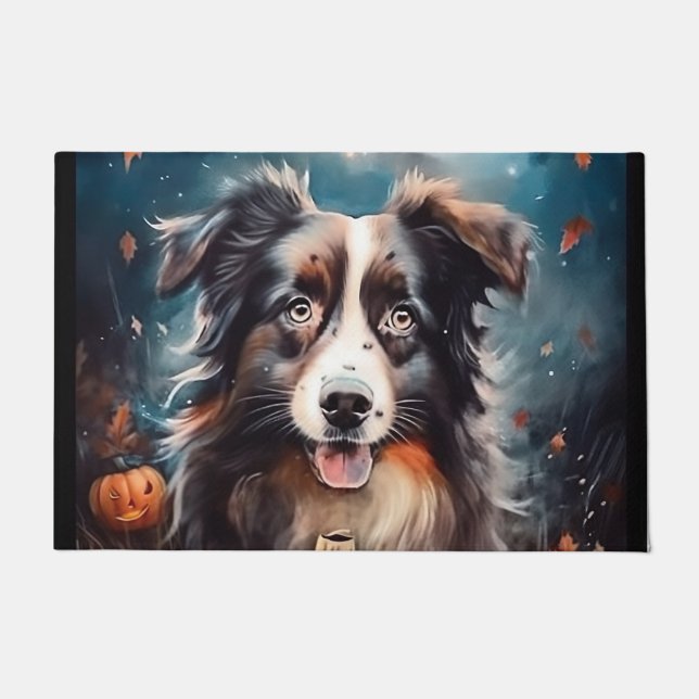 Halloween Australian Shepherd With Pumpkins Scary Doormat (Front)