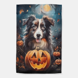 Halloween Australian Shepherd With Pumpkins Scary Garden Flag