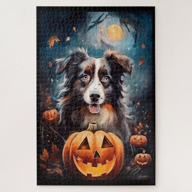 Halloween Australian Shepherd With Pumpkins Scary Jigsaw Puzzle (Vertical)