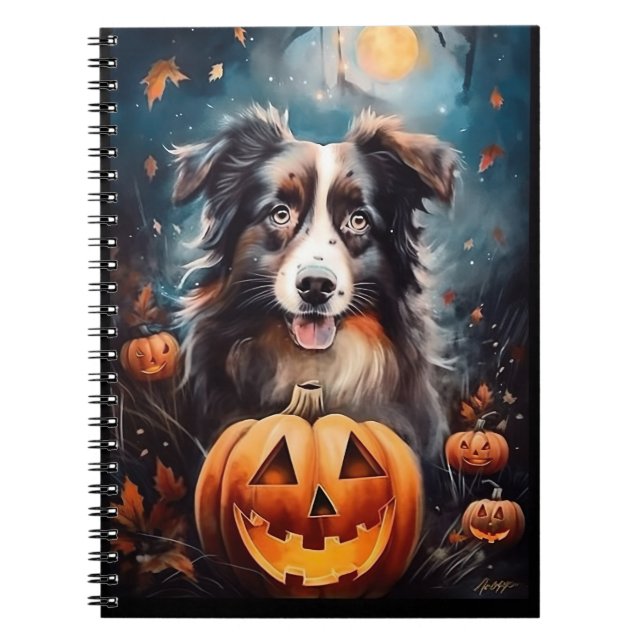 Halloween Australian Shepherd With Pumpkins Scary Notebook (Front)