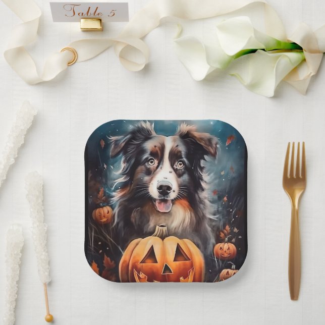 Halloween Australian Shepherd With Pumpkins Scary Paper Plates (Wedding)