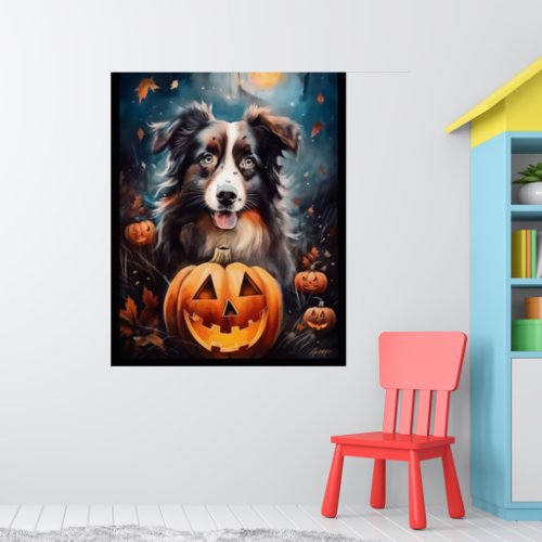 Halloween Australian Shepherd With Pumpkins Scary Poster