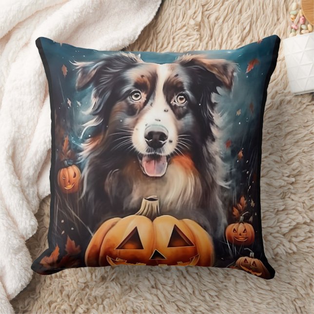 Halloween Australian Shepherd With Pumpkins Scary Throw Pillow (Blanket)
