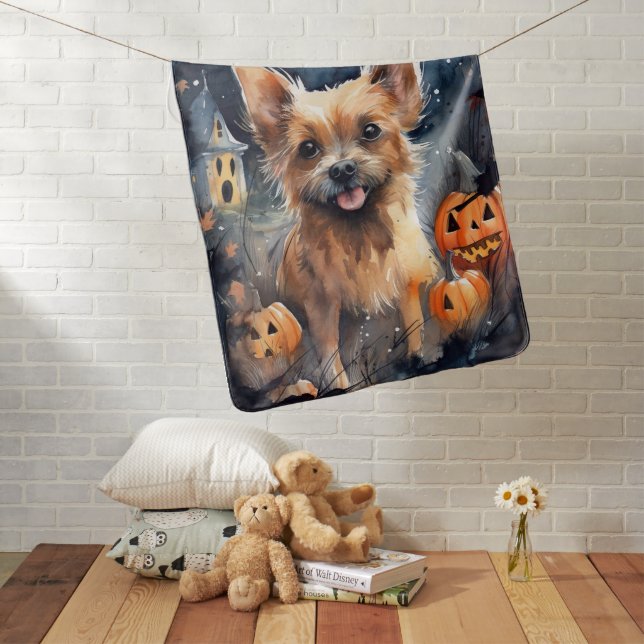 Halloween Australian Terrier With Pumpkins Scary  Baby Blanket (In Situ)