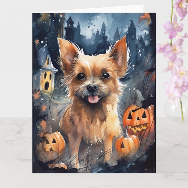 Halloween Australian Terrier With Pumpkins Scary  Card (Orchid)