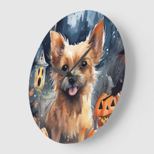 Halloween Australian Terrier With Pumpkins Scary Large Clock