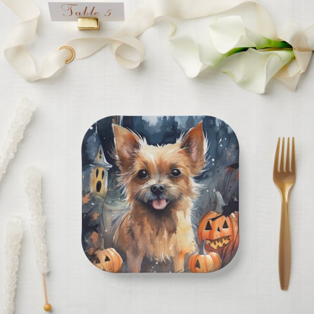 Halloween Australian Terrier With Pumpkins Scary  Paper Plates (Wedding)