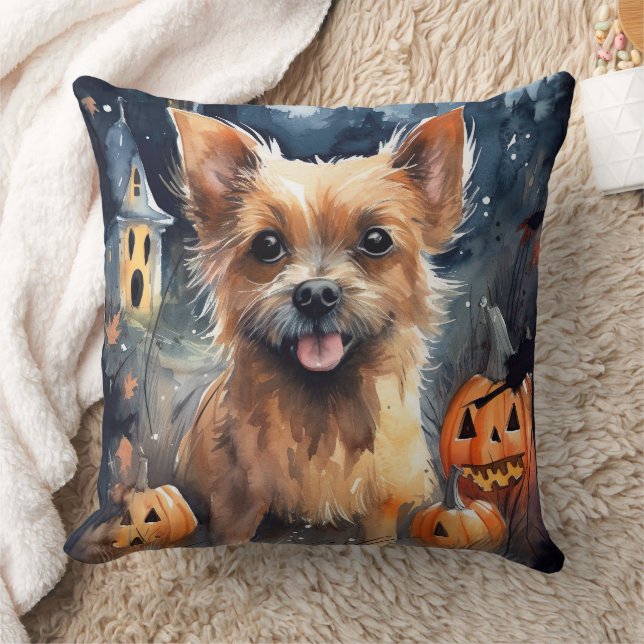 Halloween Australian Terrier With Pumpkins Scary  Throw Pillow (Blanket)
