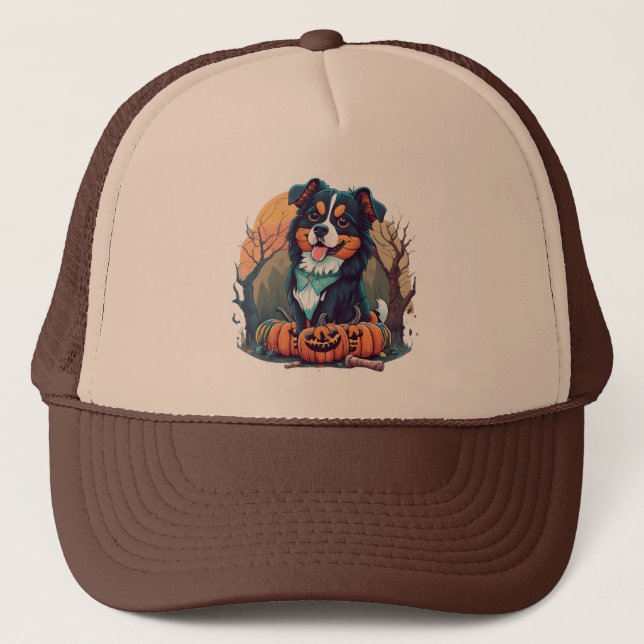 Halloween Autumn Bernese Mountain Dog with Pumpkin Trucker Hat (Front)