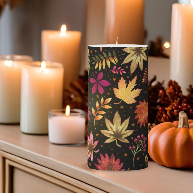 Halloween Autumn Fall Leaves on Black Pillar Candle (Halloween Autumn Fall Leaves on Black Pillar Candle)