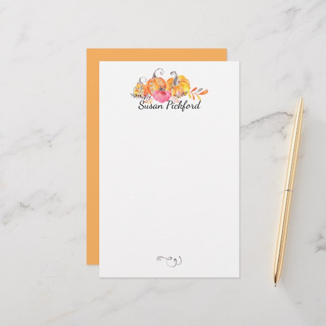 Halloween Autumn Fall Pumpkins Watercolor Paint Stationery (Front/Back In Situ)