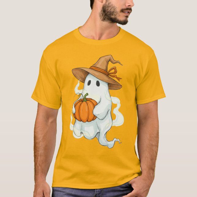 Halloween Autumn Ghost with Pumpkin T-Shirt (Front)
