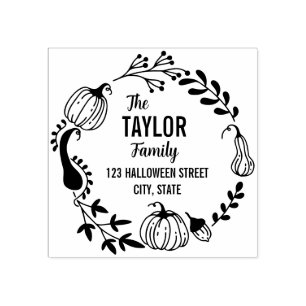 Halloween Autumn Pumpkin Wreath Return Address Rubber Stamp