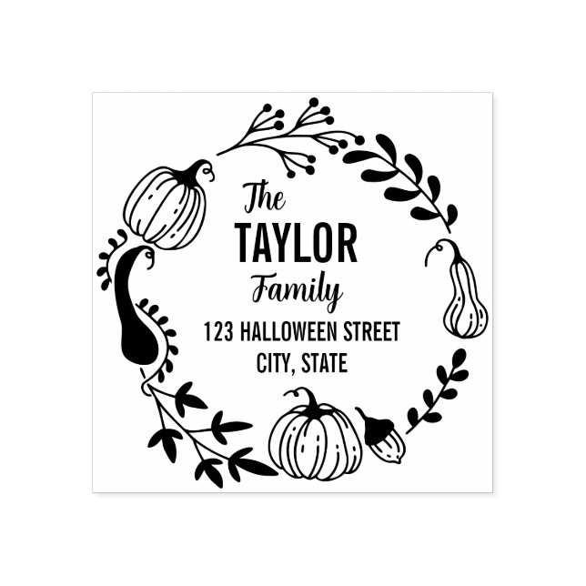 Halloween Autumn Pumpkin Wreath Return Address Rubber Stamp (Imprint)