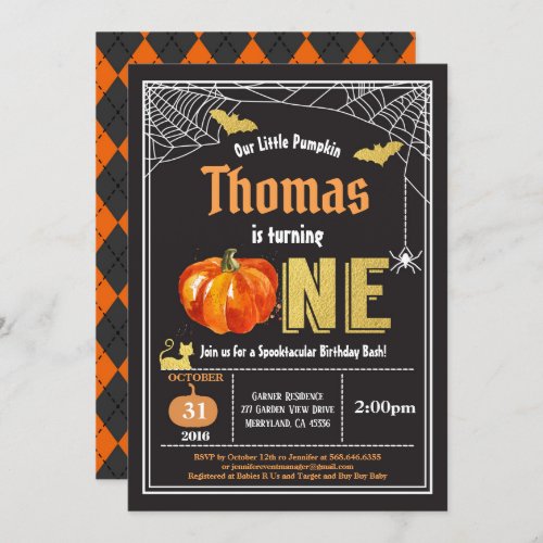 Halloween baby 1st first birthday party Black gold Invitation