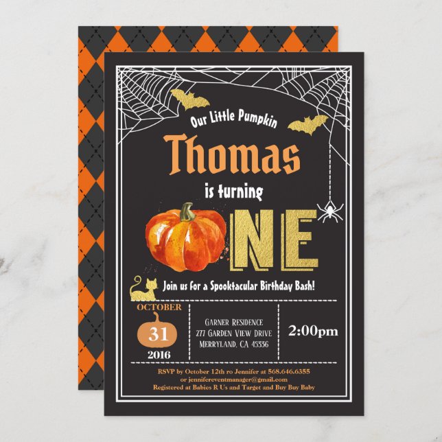 Halloween baby 1st first birthday party Black gold Invitation (Front/Back)