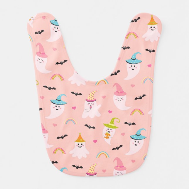 Halloween Baby Bib Pink Ghost October Baby (Front)
