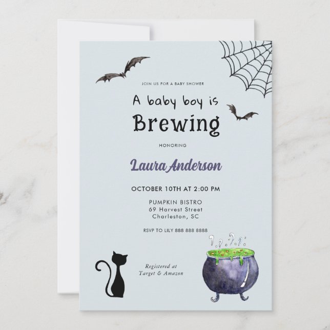 Halloween Baby Boy is brewing Baby Shower Invitation (Front)