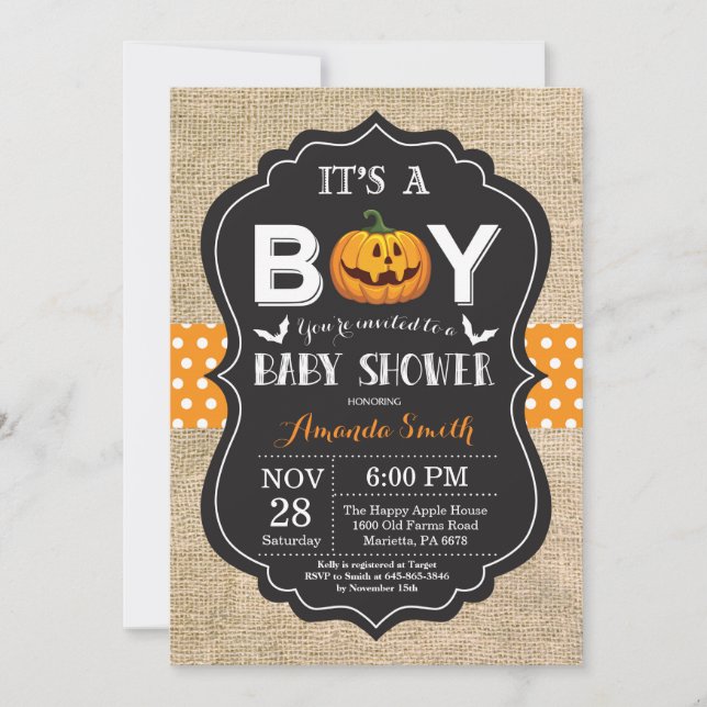 Halloween Baby Boy Shower Invitation Card Burlap (Front)