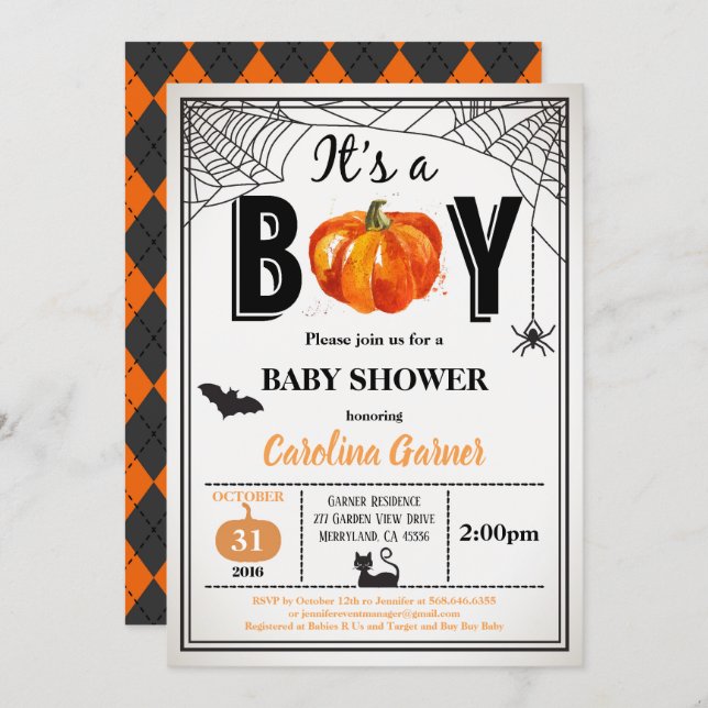 Halloween baby boy shower invitation. It's a boy Invitation (Front/Back)