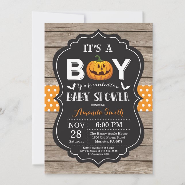 Halloween Baby Boy Shower Invitation Rustic Wood (Front)