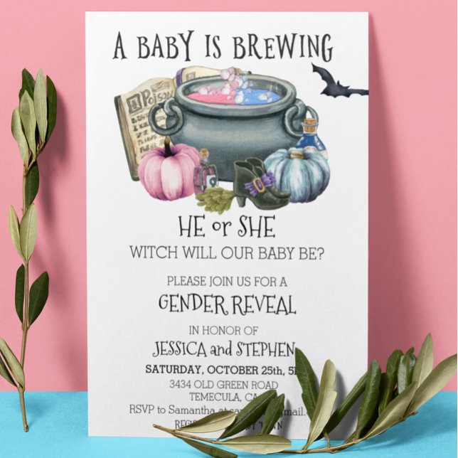 Halloween Baby Brewing Witch Gender Reveal   Invitation (Creator Uploaded)