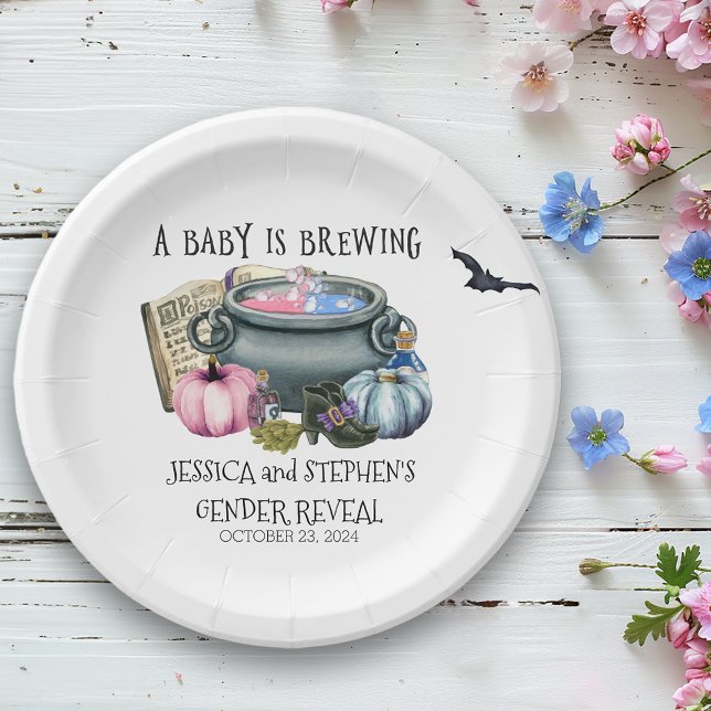 Halloween Baby Brewing Witch Gender Reveal   Paper Plates (Creator Uploaded)