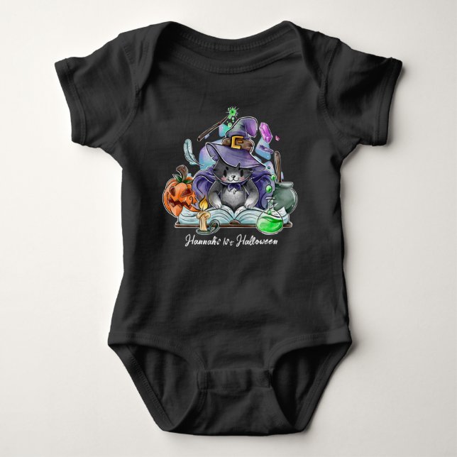 Halloween Baby Cute Cat Witch Personalized Name Baby Bodysuit (Front)