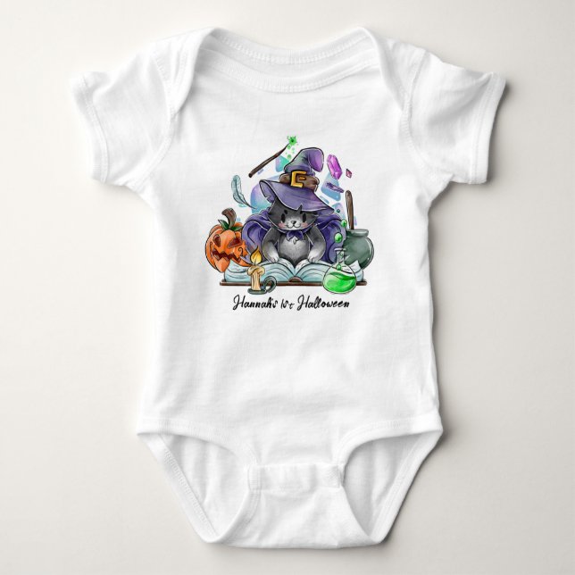 Halloween Baby Cute Cat Witch Personalized Name Baby Bodysuit (Front)