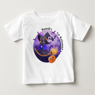 Halloween Baby Cute Cat Witch Personalized Name Baby T-Shirt
