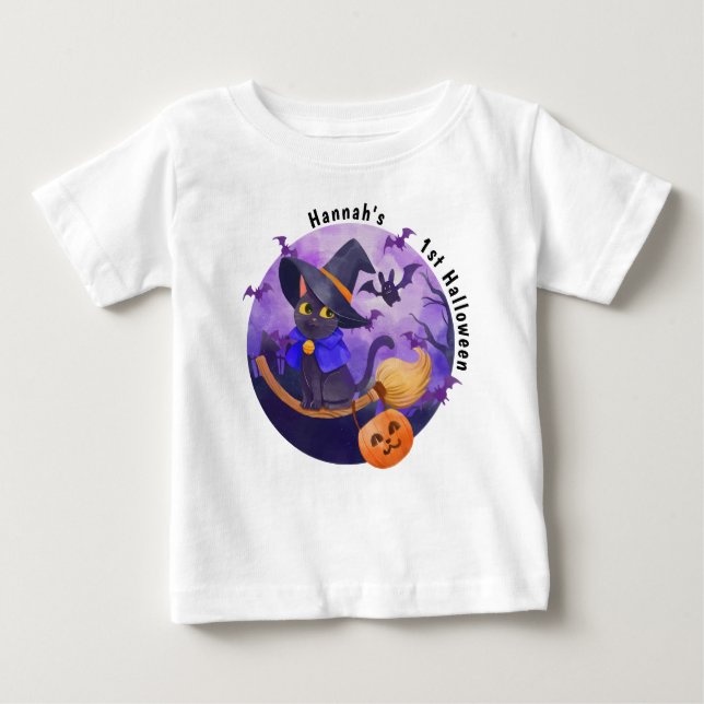 Halloween Baby Cute Cat Witch Personalized Name Baby T-Shirt (Front)
