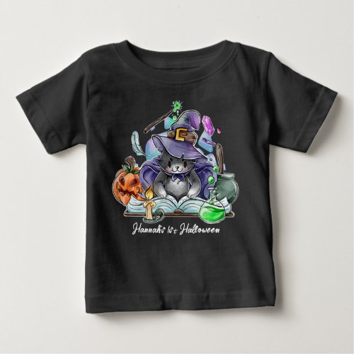 Halloween Baby Cute Cat Witch Personalized Name Baby T_Shirt