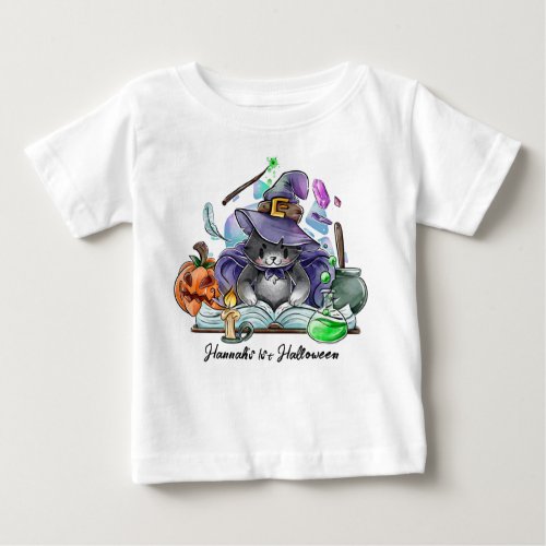 Halloween Baby Cute Cat Witch Personalized Name Baby T_Shirt