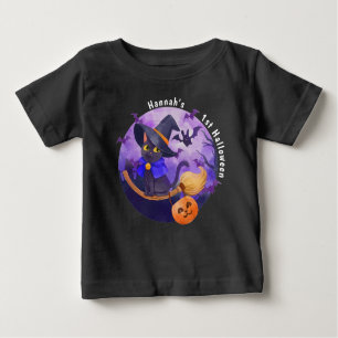 Halloween Baby Cute Cat Witch Personalized Name Baby T-Shirt