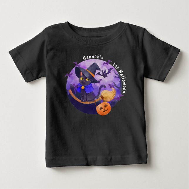 Halloween Baby Cute Cat Witch Personalized Name Baby T-Shirt (Front)