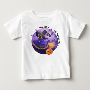Halloween Baby Cute Cat Witch Personalized Name T-Shirt
